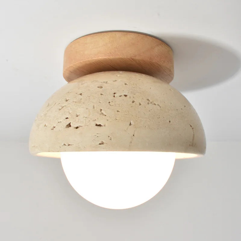 Japandi Travertine Ceiling Light Wood Cap Round Mid Century Lamp - Tophatter Daily Deals
