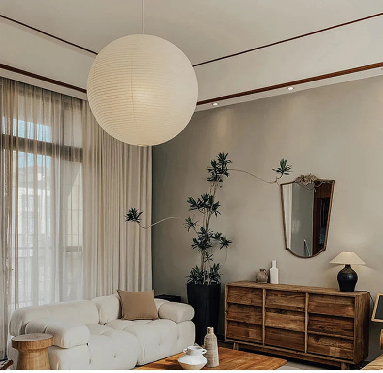 Japandi Pendant Lamp Wabi Sabi Rice Paper Round LED Dimmable - Tophatter Daily Deals