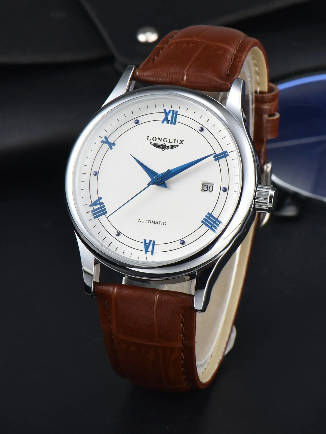 Automatic Watch Leather Strap Mechanical Date Waterproof White coffee color - Tophatter Daily Deals