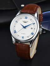 Automatic Watch Leather Strap Mechanical Date Waterproof White coffee color - Tophatter Daily Deals