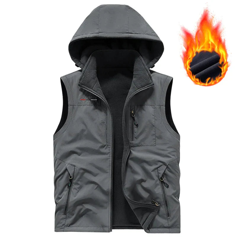 Warm Versatile Men Hooded Vest - Fleece Lined, Nylon, Outdoor Grey - Tophatter Daily Deals