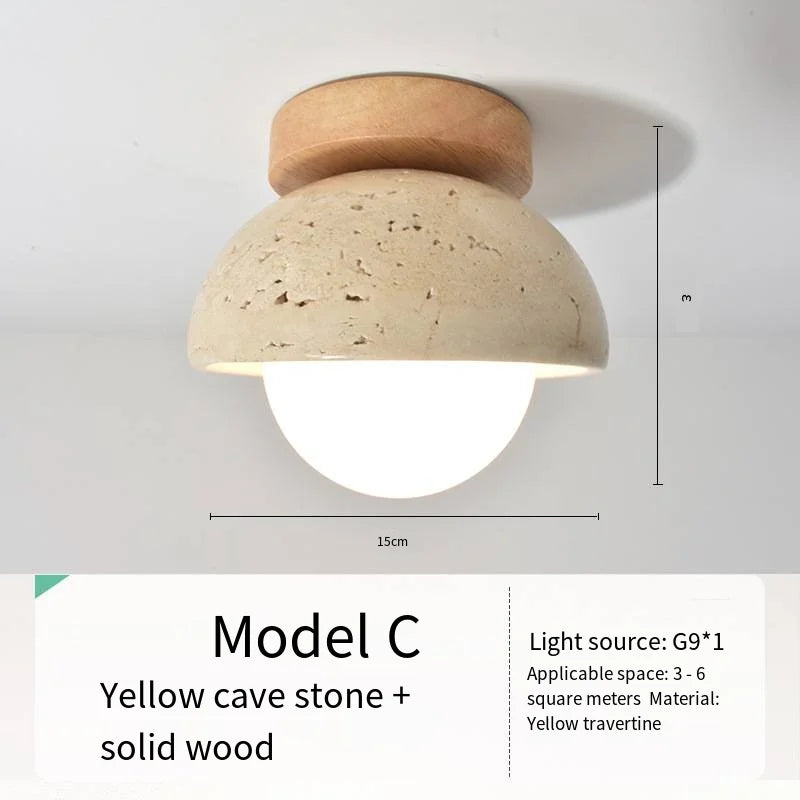 Japandi Travertine Ceiling Light Wood Cap Round Mid Century Lamp C-02 - Tophatter Daily Deals