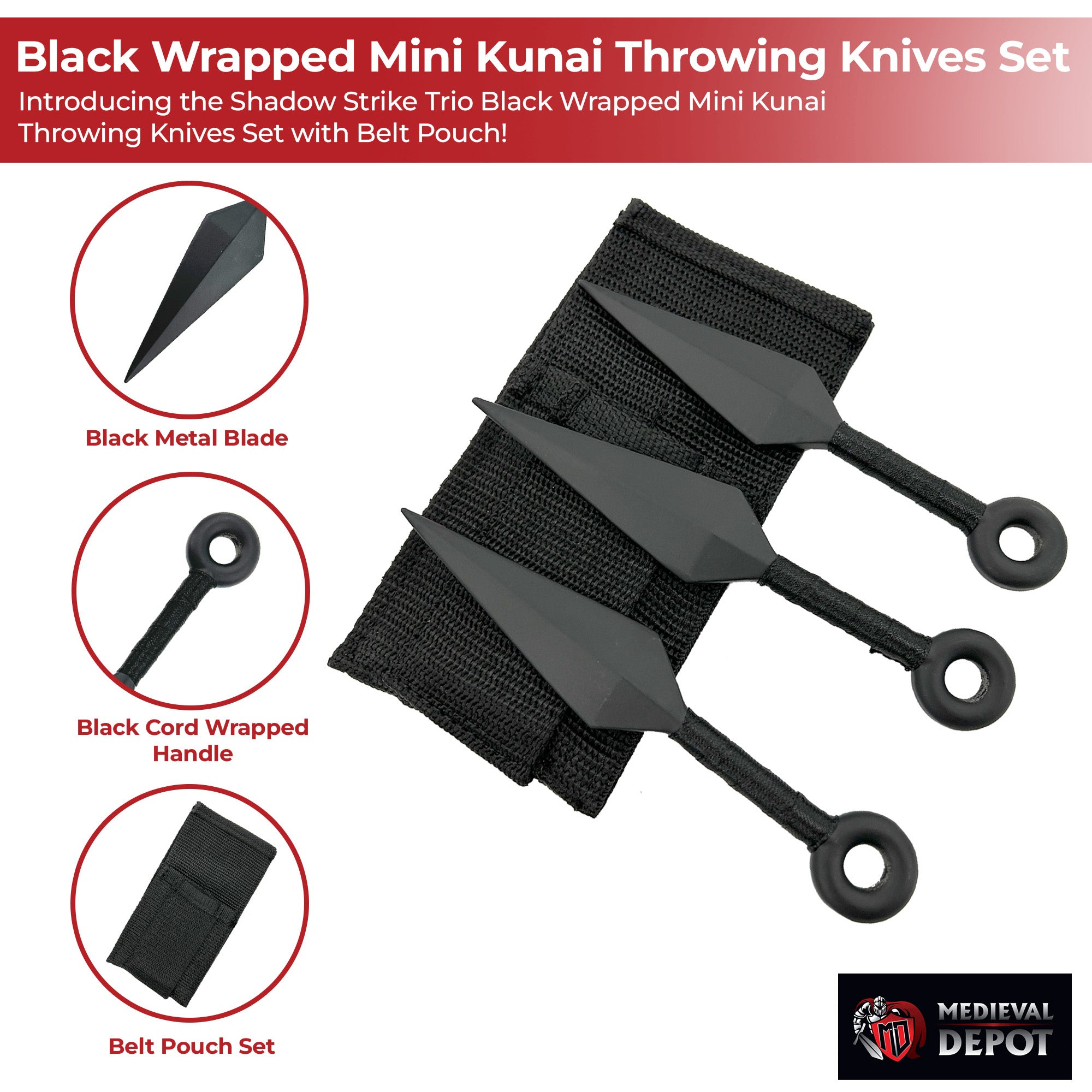 Shadow Strike Trio Black-Wrapped Mini Kunai Throwing Knives Set with Belt Pouch Throwing Knife - Tophatter Daily Deals