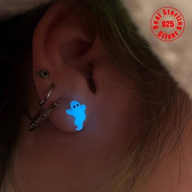 Silver S925 Luminous Ghost Stud Earrings, Glow in the Dark, Fun Design, Unisex, Lightweight, No Feather, for Halloween, Easter, General Use & Day of the Dead - Use Without Electricity 2pcs - Tophatter Daily Deals