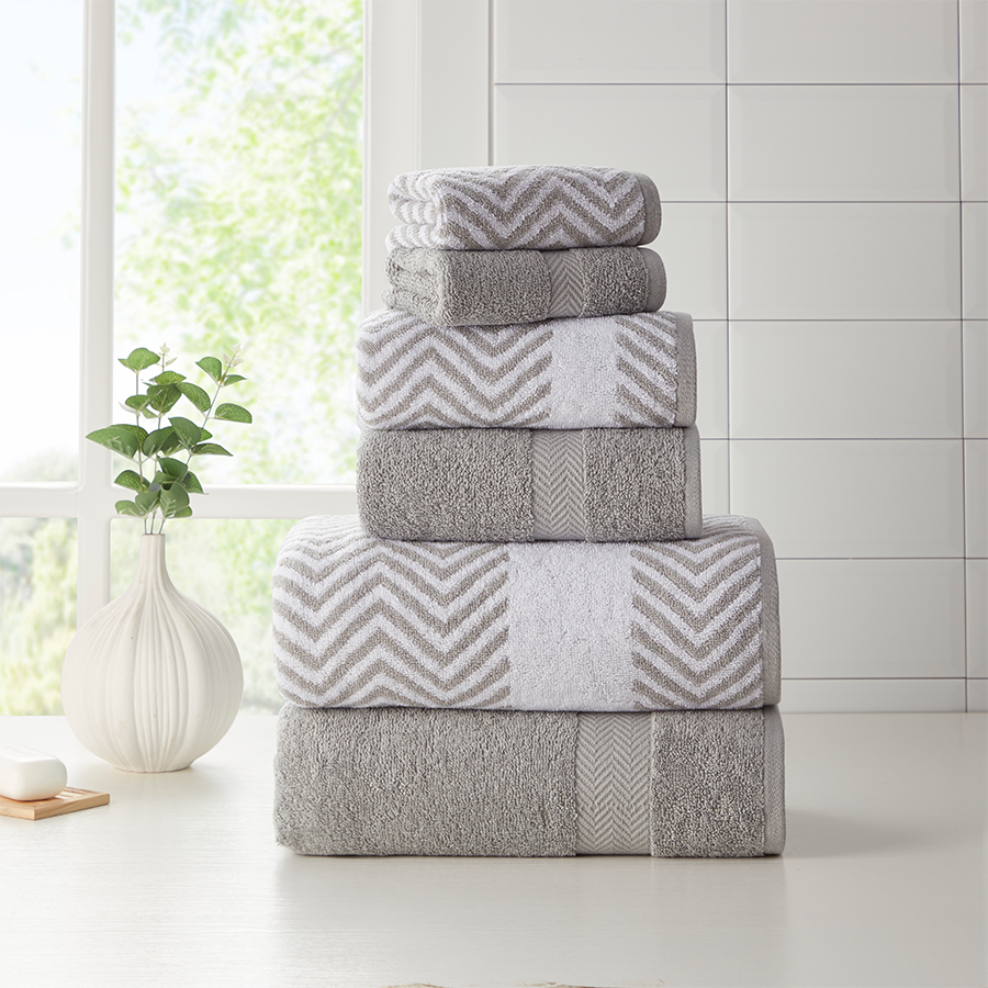 Kathy Ireland 6 Piece Chevron Jacquard Towel Set with Lets Dry Silver Bath Towel - Tophatter Daily Deals