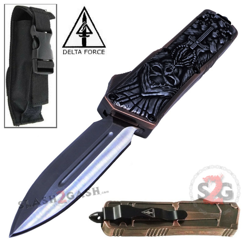 Delta Force Grey Skull OTF D/A Automatic Knife 440c Double Edge Plain Plain Edge Knife-OTF - Tophatter Daily Deals