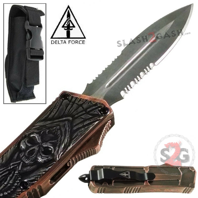 Delta Force Grey Skull OTF D/A Automatic Knife 440c Double Edge Plain Serrated Edge Knife-OTF - Tophatter Daily Deals