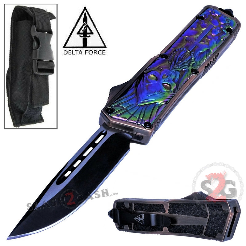 Delta Force Rainbow Skull OTF D/A Automatic Knife 440c Single Edge Plain Plain Edge - Tophatter Daily Deals