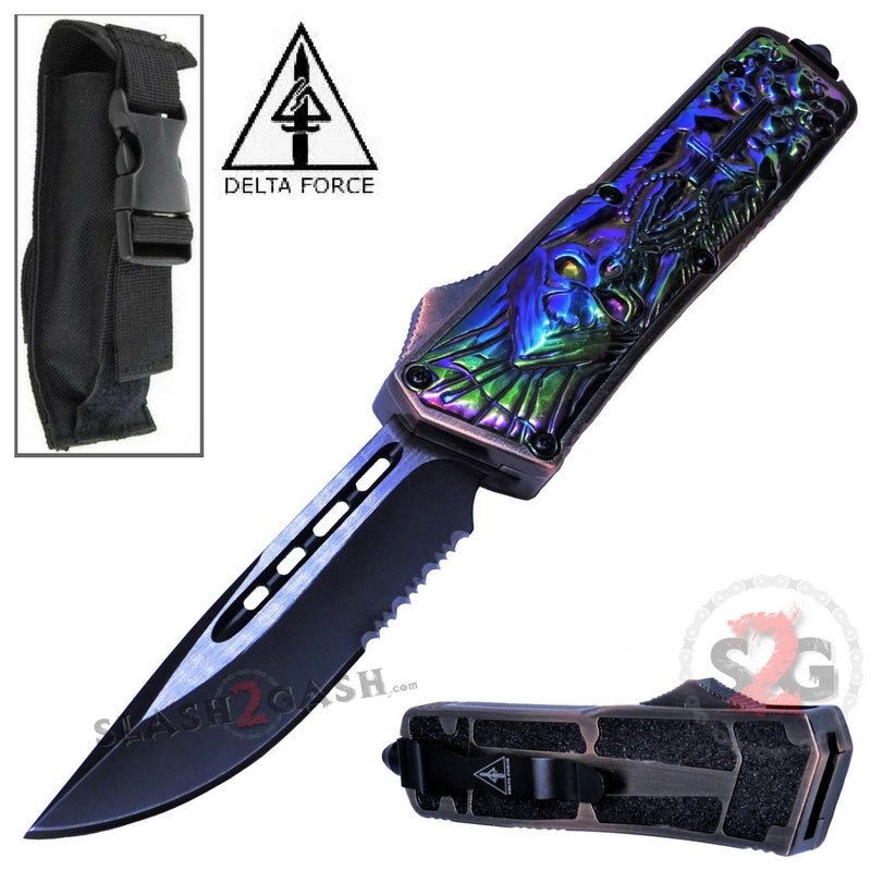 Delta Force Rainbow Skull OTF D/A Automatic Knife 440c Single Edge Plain Serrated Edge - Tophatter Daily Deals