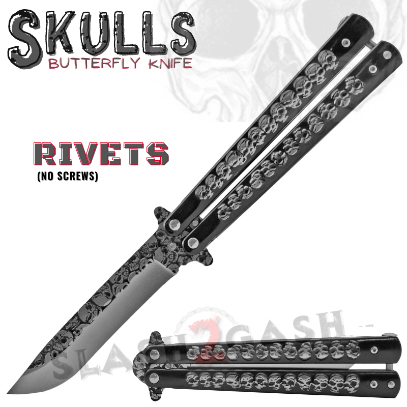 Skulls Butterfly Knife Steel Balisong (Riveted) - Assort. Colors Black - Sharp-ish Knife-Balisong - Tophatter Daily Deals