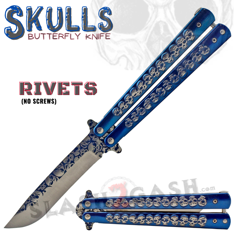 Skulls Butterfly Knife Steel Balisong (Riveted) - Assort. Colors Blue - Sharp-ish Knife-Balisong - Tophatter Daily Deals