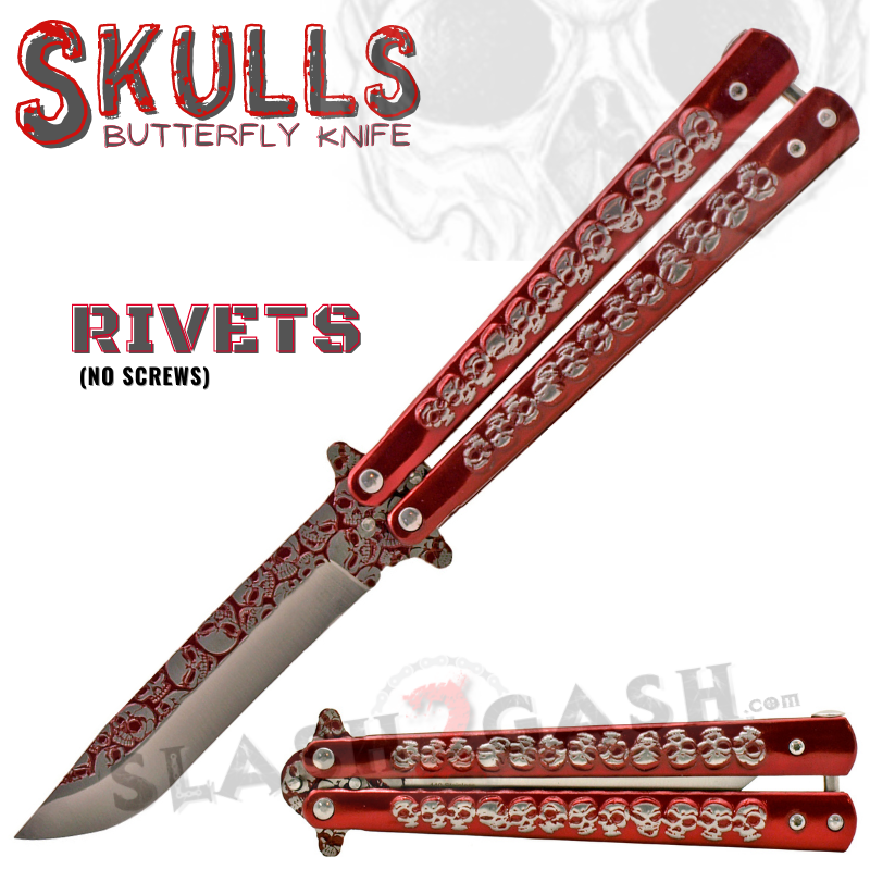 Skulls Butterfly Knife Steel Balisong (Riveted) - Assort. Colors Red - Sharp-ish Knife-Balisong - Tophatter Daily Deals