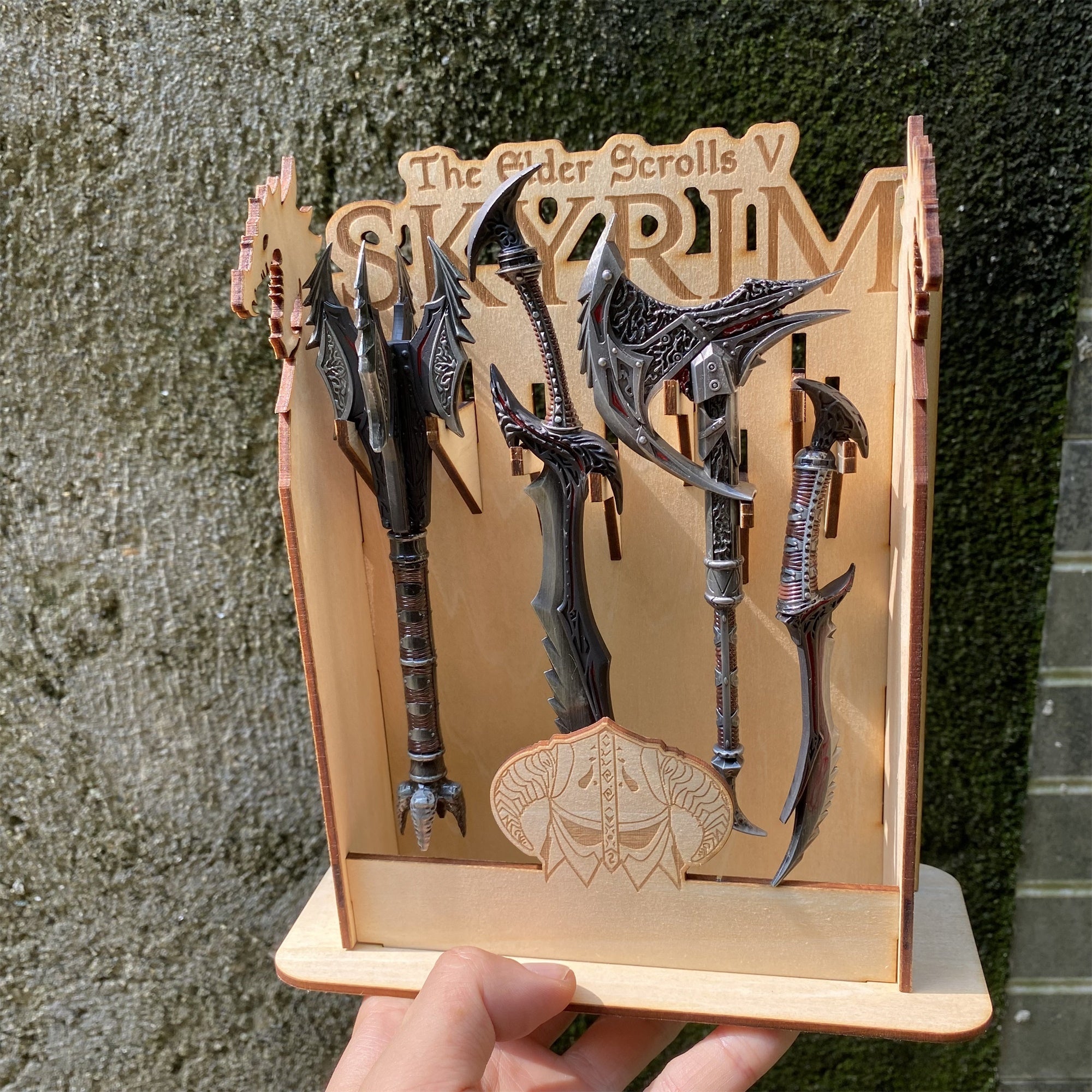 Skyrim One-Hand Daedric Weapons With 3D Wooden Stand - Tophatter Daily Deals