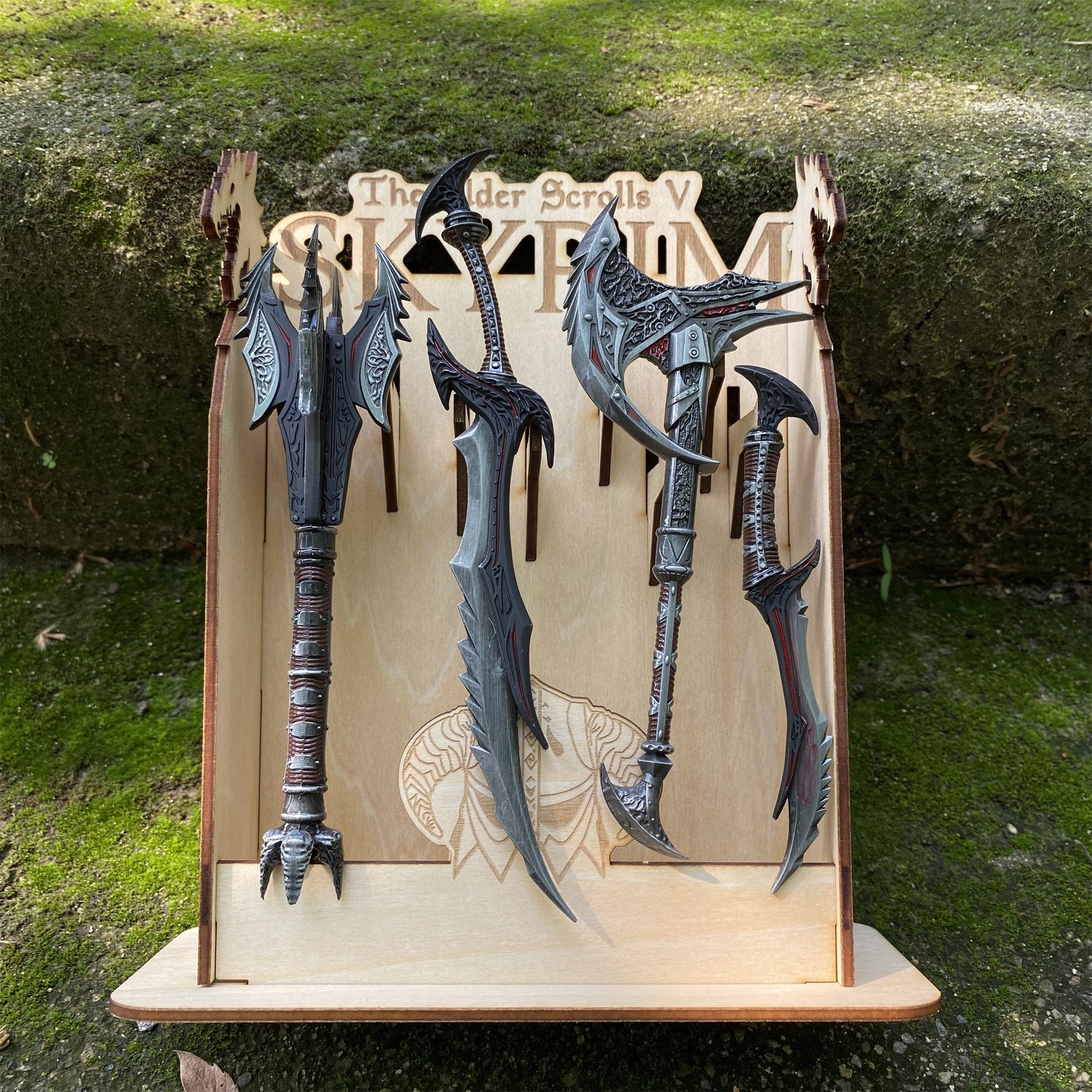 Skyrim One-Hand Daedric Weapons With 3D Wooden Stand - Tophatter Daily Deals
