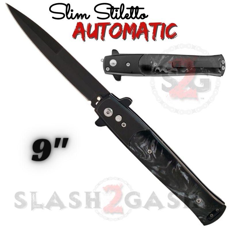 Slim Stiletto Auto Knife Italian Style Switchblade 9" - Black w/ Black Marble Black w Black Marble Knife-Auto - Tophatter Daily Deals