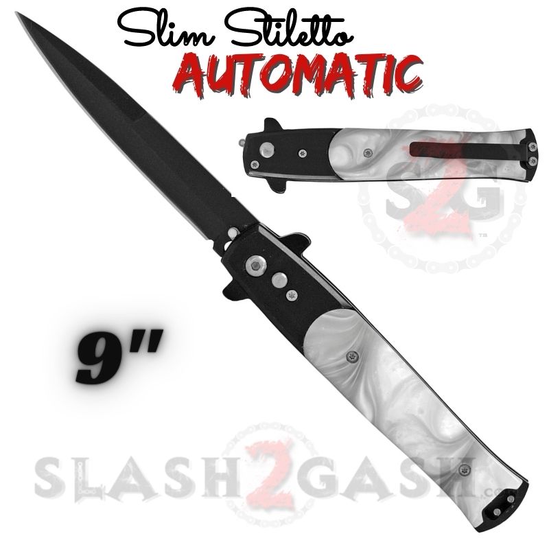 Slim Stiletto Automatic Knife Italian Switchblade 9" - Asst. colors Black w White Marble Knife-Auto - Tophatter Daily Deals