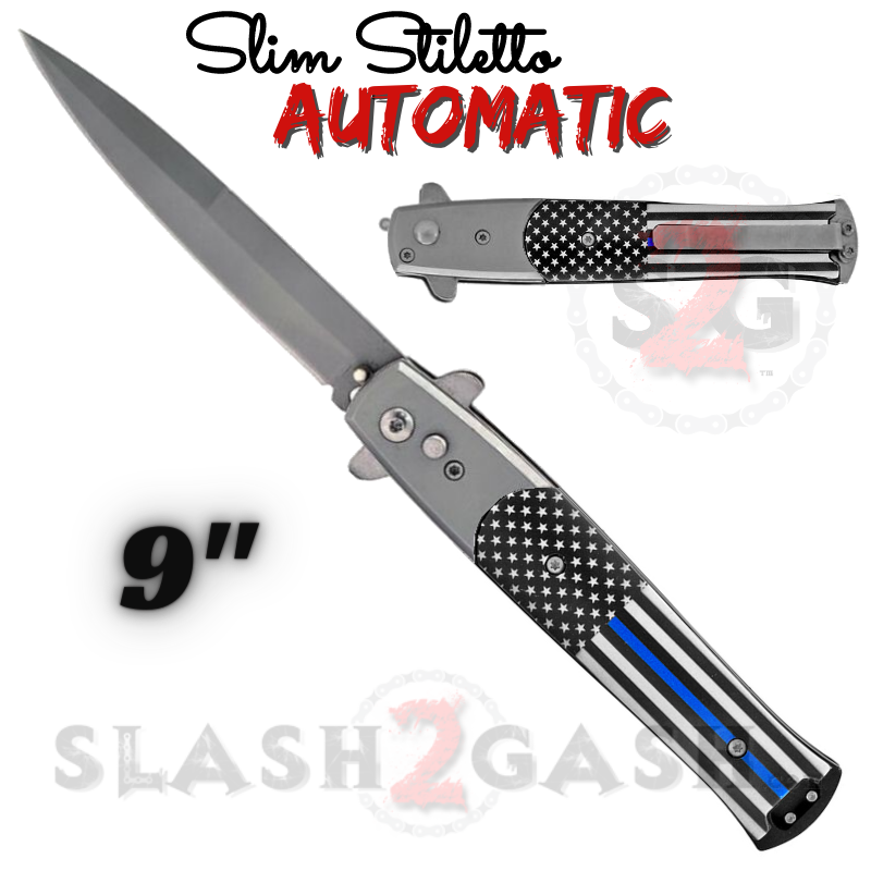 Slim Stiletto Auto Knife Italian Style Switchblade 9" - Blue Line Silver Silver w Thin Blue Line Knife-Auto - Tophatter Daily Deals