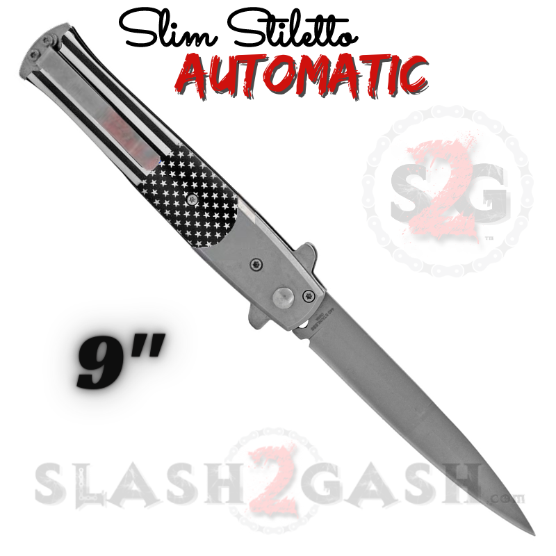 Slim Stiletto Auto Knife Italian Style Switchblade 9" - Blue Line Silver Knife-Auto - Tophatter Daily Deals