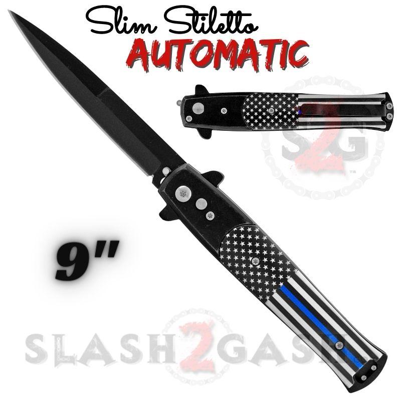 Slim Stiletto Auto Knife Italian Style Switchblade 9" - Blue Line Flag Black w Thin Blue Line Knife-Auto - Tophatter Daily Deals