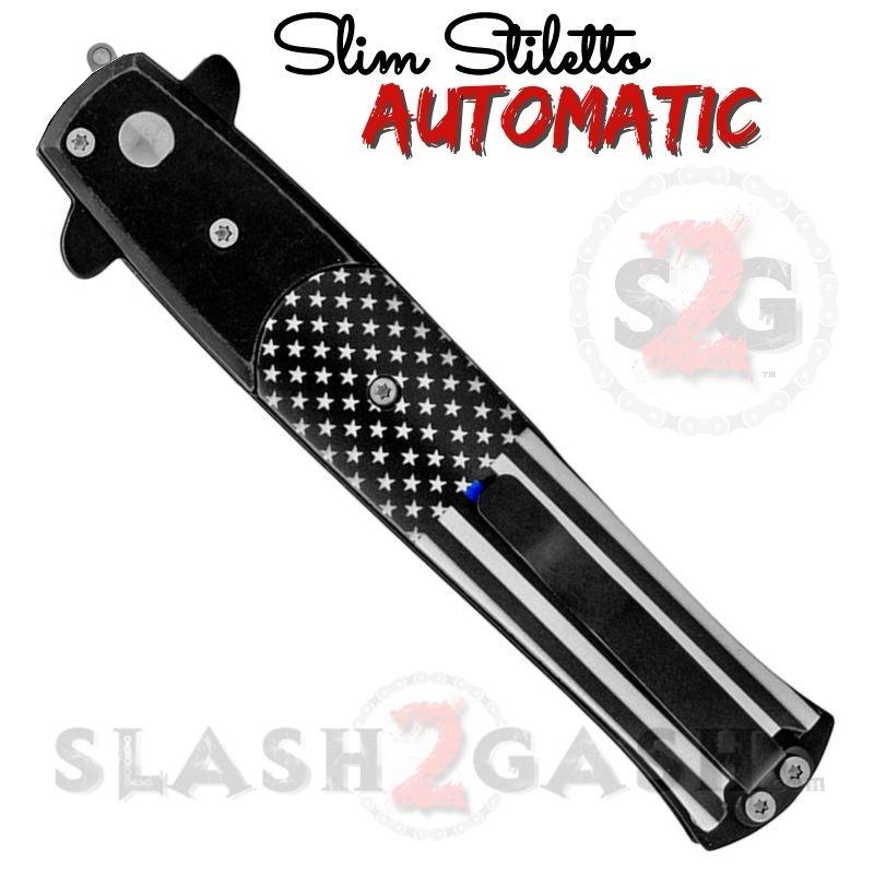 Slim Stiletto Auto Knife Italian Style Switchblade 9" - Blue Line Flag Knife-Auto - Tophatter Daily Deals