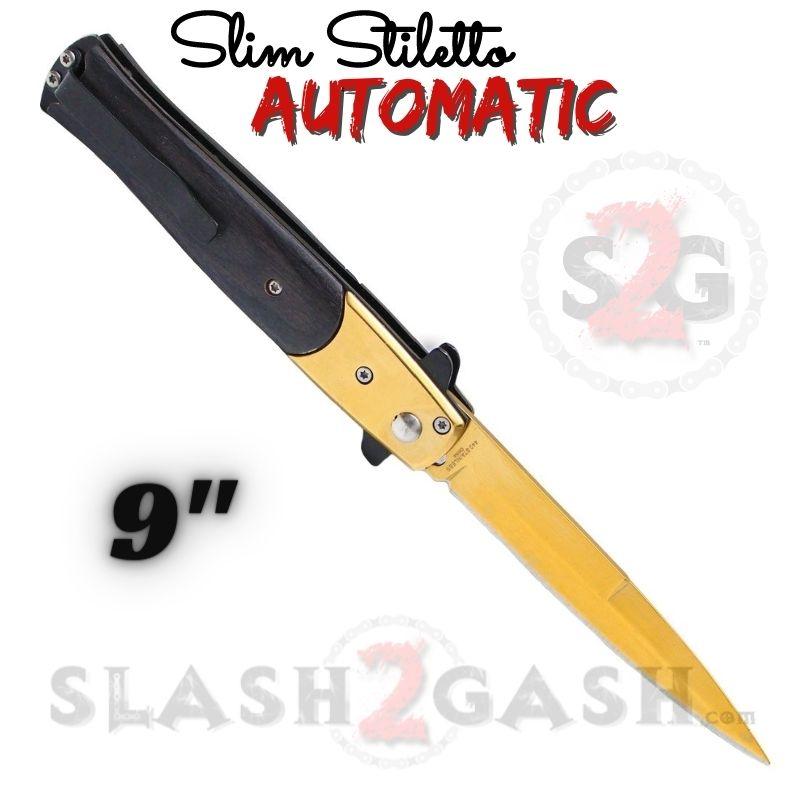 Slim Stiletto Auto Knife Italian Style Switchblade 9" - Gold w/ Black Wood Knife-Auto - Tophatter Daily Deals