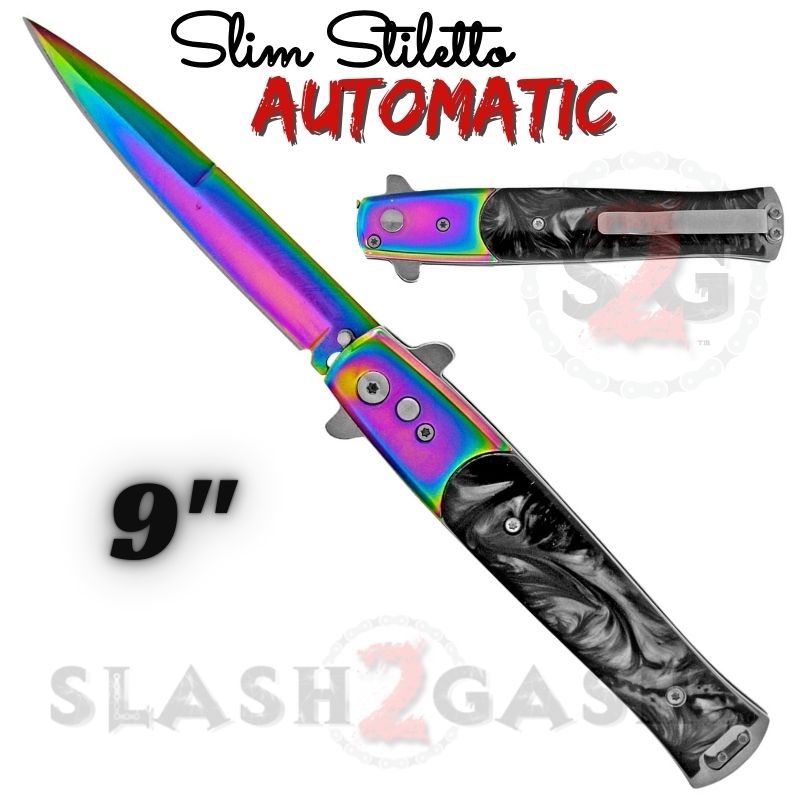 Slim Stiletto Automatic Knife Italian Switchblade 9" - Asst. colors Rainbow w Black Marble Knife-Auto - Tophatter Daily Deals