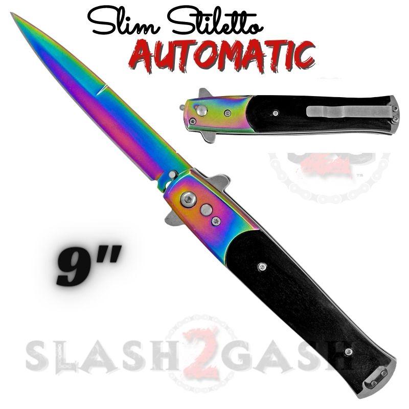 Slim Stiletto Auto Knife Italian Style Switchblade 9" - Rainbow Rainbow w Black Wood Knife-Auto - Tophatter Daily Deals