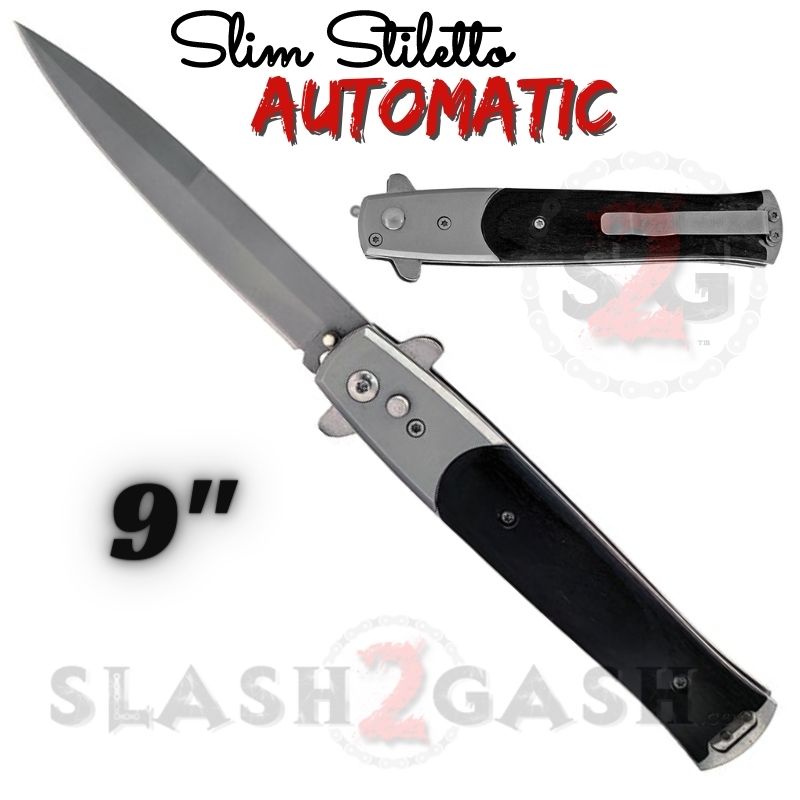 Slim Stiletto Automatic Knife Italian Switchblade 9" - Asst. colors Silver w Black Wood Knife-Auto - Tophatter Daily Deals