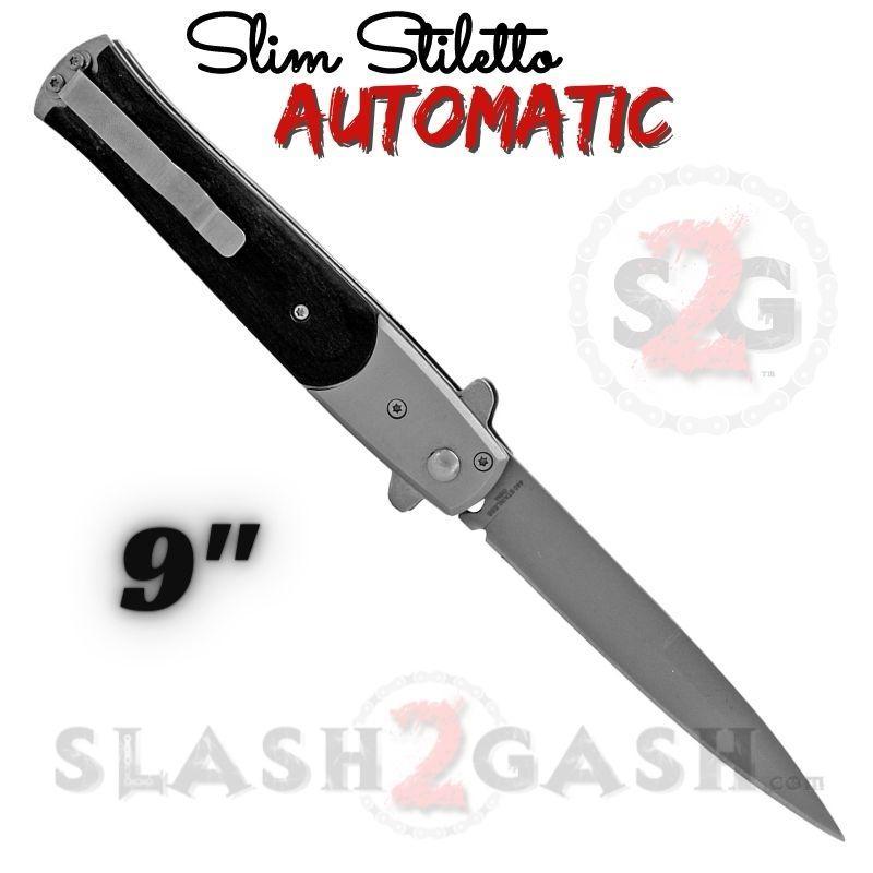 Slim Stiletto Auto Knife Italian Style Switchblade 9" - Silver w/ Black Wood Knife-Auto - Tophatter Daily Deals