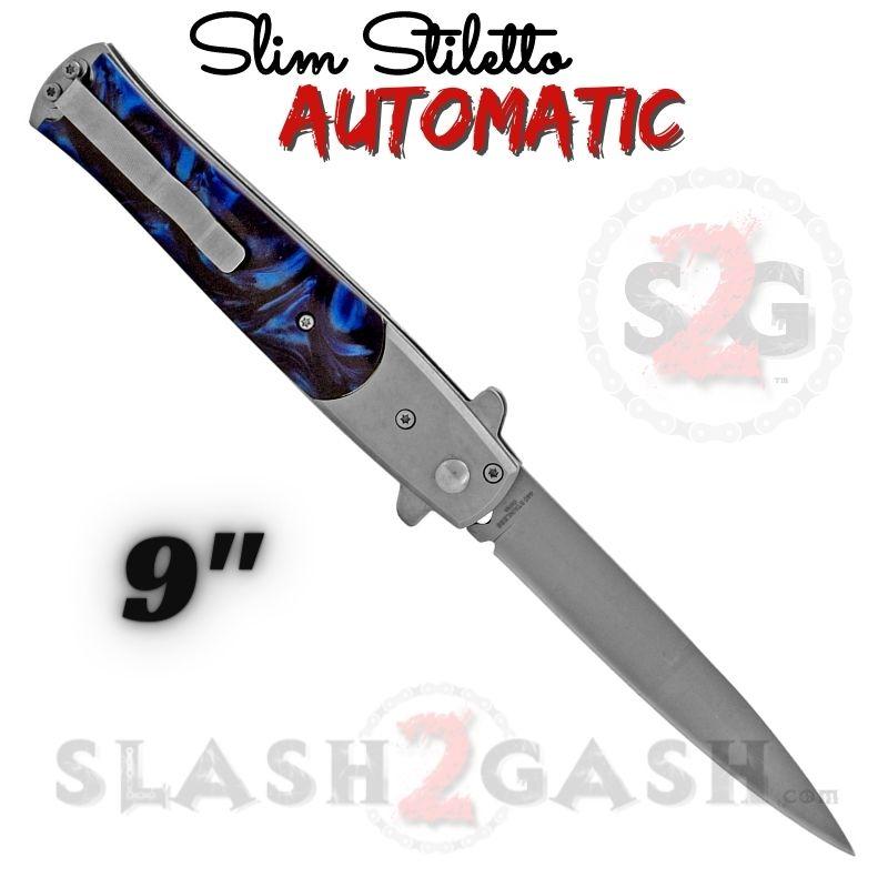 Slim Stiletto Auto Knife Italian Style Switchblade 9" - Silver w/ Blue Marble Knife-Auto - Tophatter Daily Deals