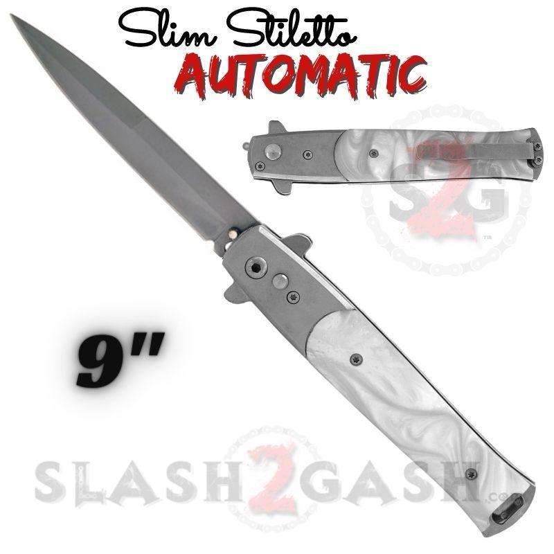 Slim Stiletto Auto Knife Italian Style Switchblade 9" - Silver w/ White Marble Silver w White Marble Knife-Auto - Tophatter Daily Deals