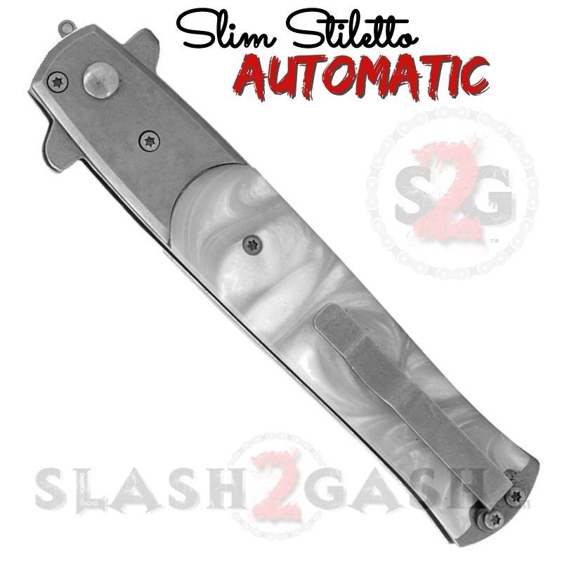 Slim Stiletto Auto Knife Italian Style Switchblade 9" - Silver w/ White Marble Knife-Auto - Tophatter Daily Deals