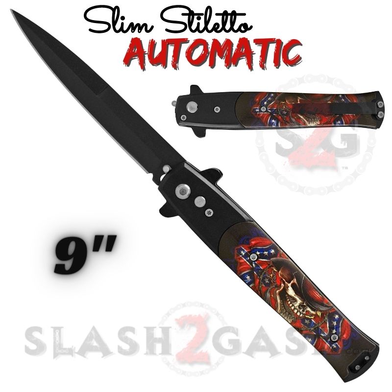 Slim Stiletto Automatic Knife Italian Switchblade 9" - Asst. colors Black w Cowboy Skull Knife-Auto - Tophatter Daily Deals