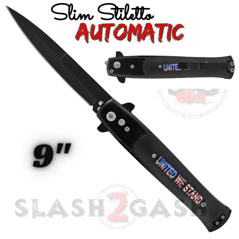 Slim Stiletto Auto Knife Italian Style Switchblade 9" - United We Stand Black w United We Stand Knife-Auto - Tophatter Daily Deals