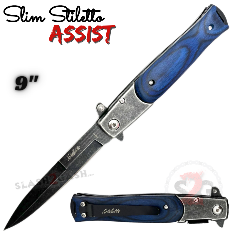 Slim Stiletto Spring Assisted Knife Italian Style Milano 9" - Asst. colors Stonewash w Blue Pakka Wood Knife-Assist - Tophatter Daily Deals
