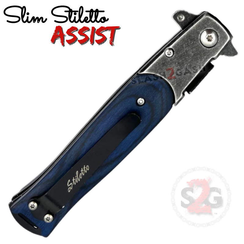Slim Stiletto Assist Knife Italian Style Milano 9" - Stonewash w/ Blue Wood Knife-Assist - Tophatter Daily Deals