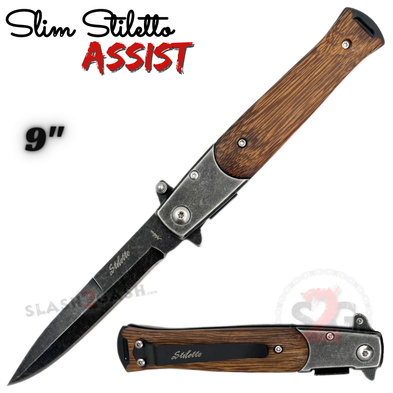Slim Stiletto Assist Knife Italian Style Milano 9" - Stonewash - Brown Wood Stonewash w Brown Wood Knife-Assist - Tophatter Daily Deals