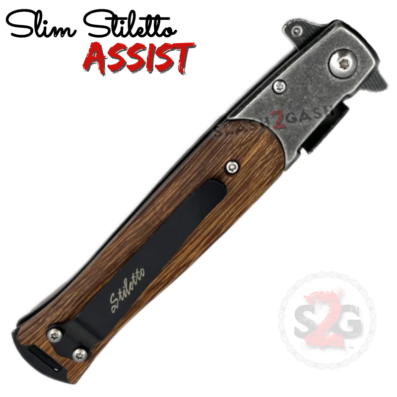 Slim Stiletto Assist Knife Italian Style Milano 9" - Stonewash - Brown Wood Knife-Assist - Tophatter Daily Deals