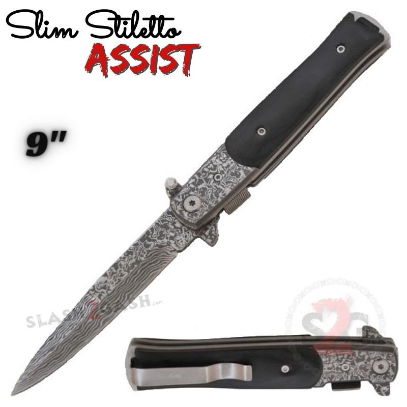 Slim Stiletto Spring Assisted Knife Italian Style Milano 9" - Asst. colors Etched Damascus w Black Pakka Wood Knife-Assist - Tophatter Daily Deals