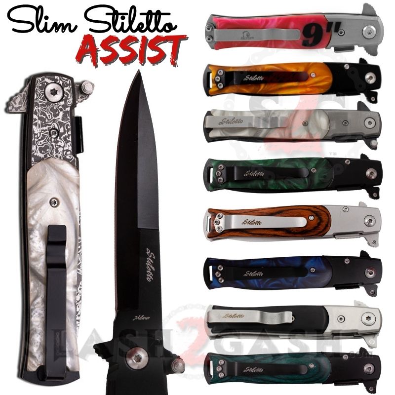 Slim Stiletto Spring Assisted Knife Italian Style Milano 9" - Asst. colors Knife-Assist - Tophatter Daily Deals