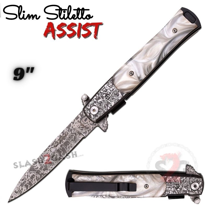 Slim Stiletto Spring Assisted Knife Italian Style Milano 9" - Asst. colors Etched Damascus w White Pearl Knife-Assist - Tophatter Daily Deals