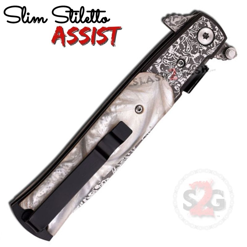 Slim Stiletto Assist Knife Italian Style Milano 9" - Damascus w/ White Pearl Knife-Assist - Tophatter Daily Deals