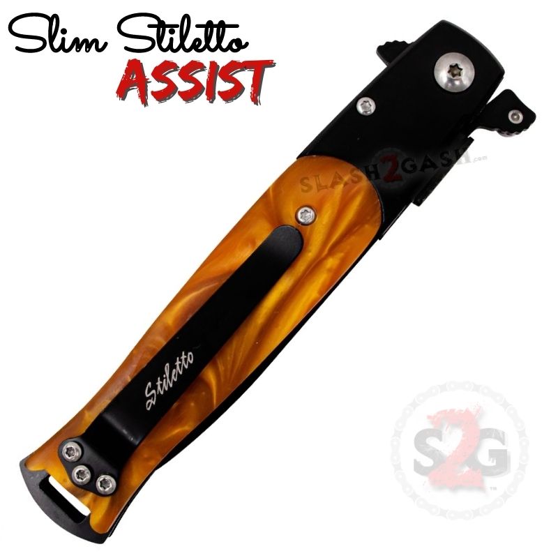 Slim Stiletto Assist Knife Italian Style Milano 9" - Black w/ Amber Fire Knife-Assist - Tophatter Daily Deals