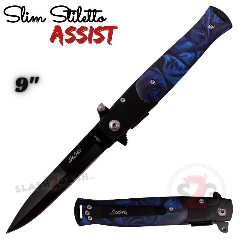 Slim Stiletto Spring Assisted Knife Italian Style Milano 9" - Asst. colors Black w Blue Pearl Knife-Assist - Tophatter Daily Deals