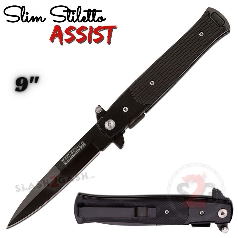 Slim Stiletto Assist Knife Italian Style Milano 9" - Black w/ G10 Black w G10 Knife-Assist - Tophatter Daily Deals