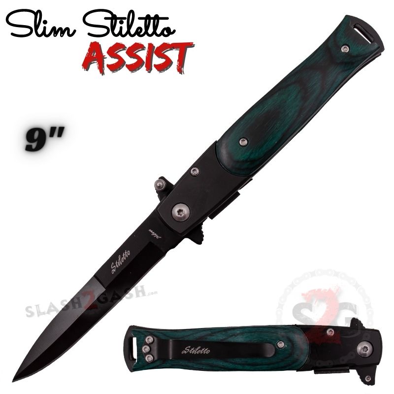 Slim Stiletto Assist Knife Italian Style Milano 9" - Black w/ Green Wood Black w Green Pakka Wood Knife-Assist - Tophatter Daily Deals
