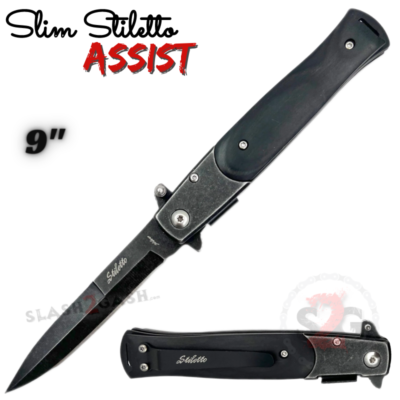 Slim Stiletto Spring Assisted Knife Italian Style Milano 9" - Asst. colors Stonewash w Black Pakka Wood Knife-Assist - Tophatter Daily Deals