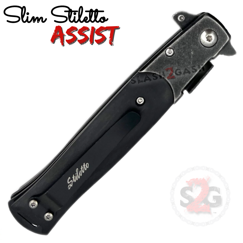 Slim Stiletto Assist Knife Italian Style Milano 9" - Stonewash w/ Black Wood Knife-Assist - Tophatter Daily Deals