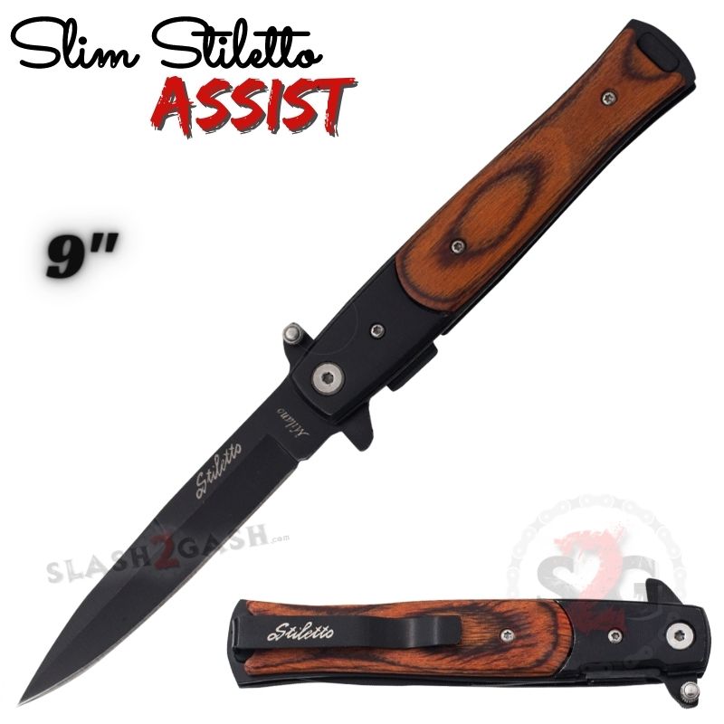 Slim Stiletto Assist Knife Italian Style Milano 9" - Black w/ Rosewood Black w Rosewood Knife-Assist - Tophatter Daily Deals