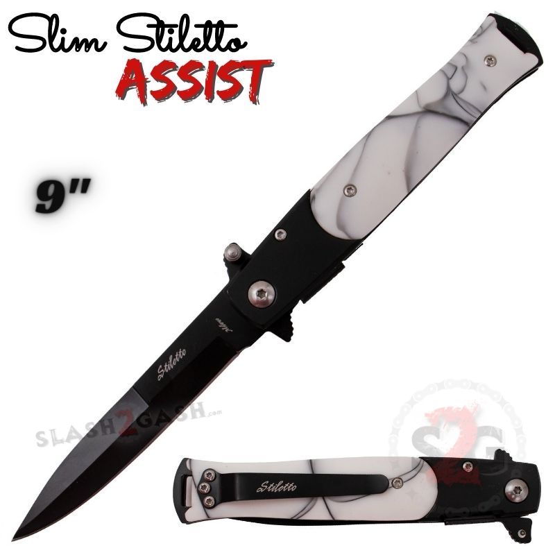 Slim Stiletto Assist Knife Italian Style Milano 9" - Black w/ White Pearl Black w White Pearl Knife-Assist - Tophatter Daily Deals